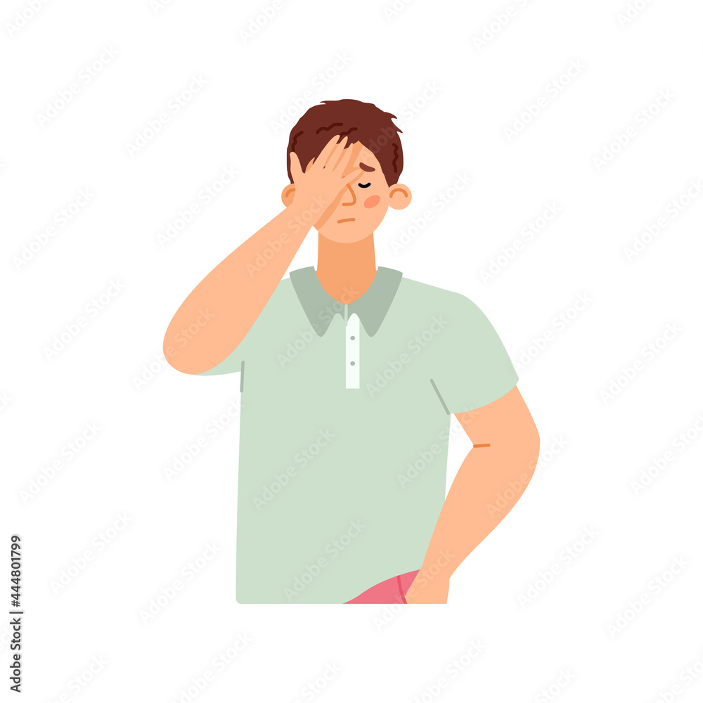 Ashamed or disappointed man covering his face, flat vector illustration isolated. Ashamed or disappointed man covering his face, flat vector illustration isolated.
