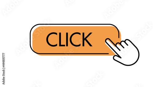 Click here button, with hand icon pointer clicking. Vector.