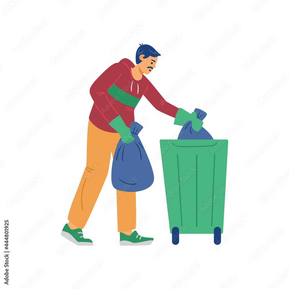 Man putting litter into garbage container, flat vector illustration isolated. Man putting litter into garbage container, flat vector illustration isolated.