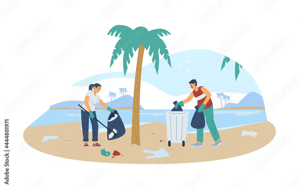 Beach cleaning ecological event, flat vector illustration isolated on white.