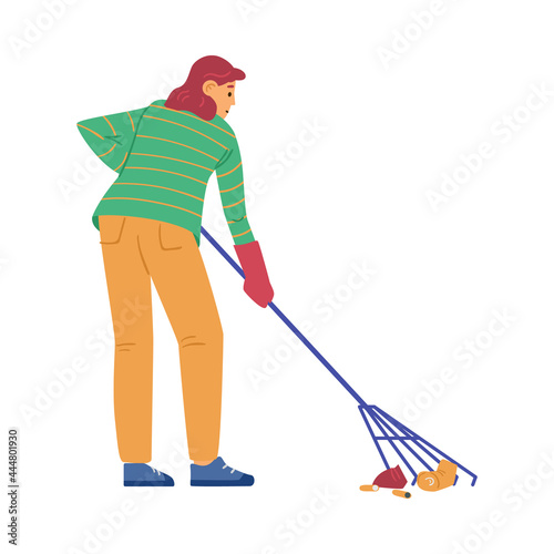 Woman collecting street garbage with rake, flat vector illustration isolated.