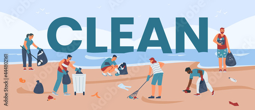 Environmental volunteering event on beach, flat vector illustration isolated.