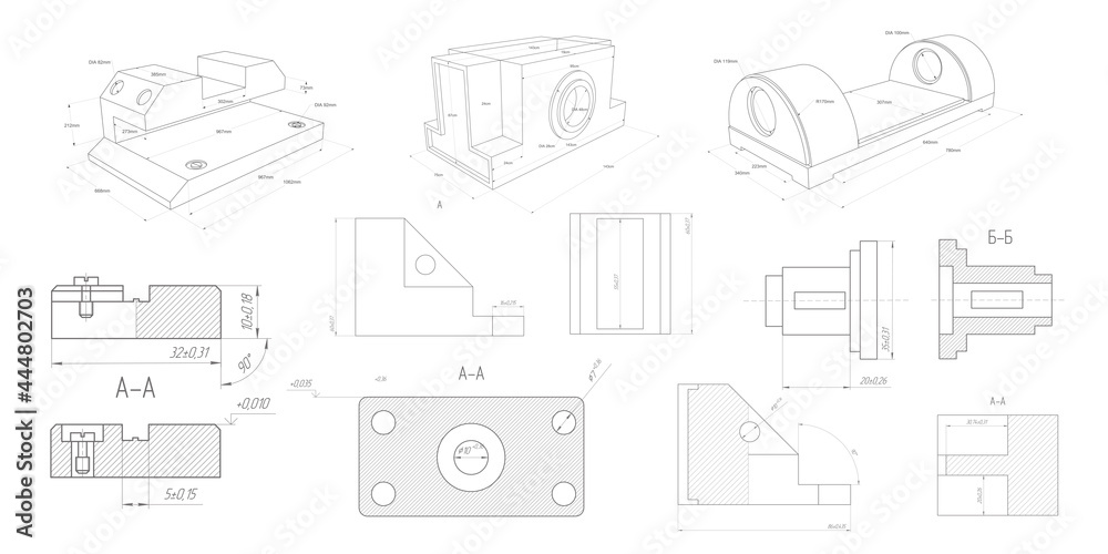 Technical drawing of details.Engineering technology design.A set of mechanical parts.Vector illustration.