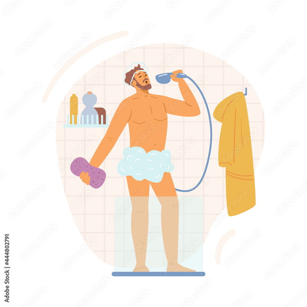 Positive man singing in shower at home bathroom a vector illustration.