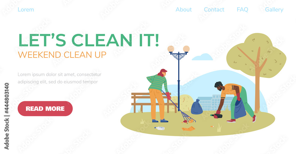 Website for city places clean up volunteering event, flat vector illustration.