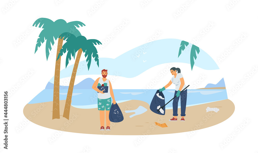 Beach cleanup banner with volunteers collecting wastes, flat vector illustration.