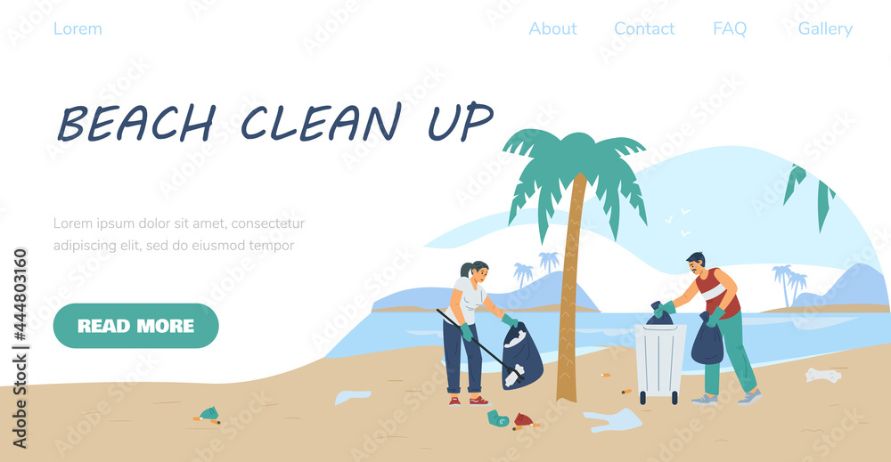 Beach clean up volunteering event concept of webpage flat vector illustration.