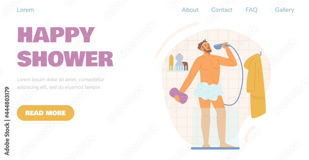 Website template with man taking a shower, flat design. vector illustration.