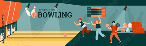 Banner or flyer background with people play bowling, flat vector illustration.