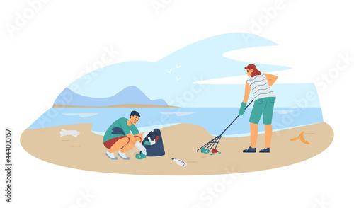 Volunteers clean beach during environmental event, vector illustration isolated.