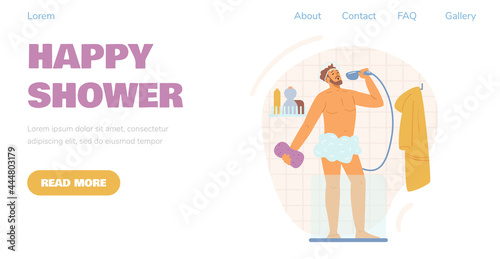 Website template with man taking a shower, flat design. vector illustration.