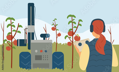 The agronomist remotly controls robot arm is working in the smart farm