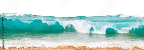 Big ocean blue waves with white foam isolated on a white background. Banner format.