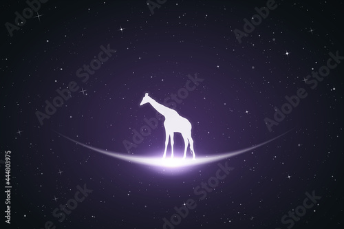 Lonely giraffe. Endangered animal silhouette. Starry sky  glowing outline