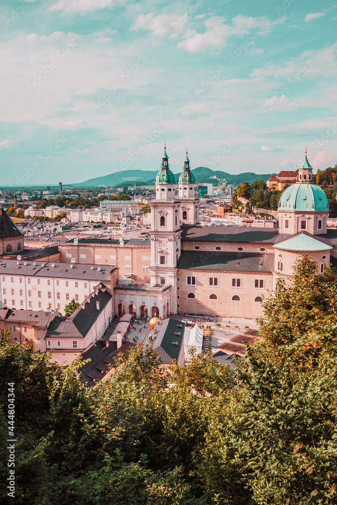 A view of Salzburg city centre: old town, Cathedral, central square from the top of the city fortress. Austria, Europe