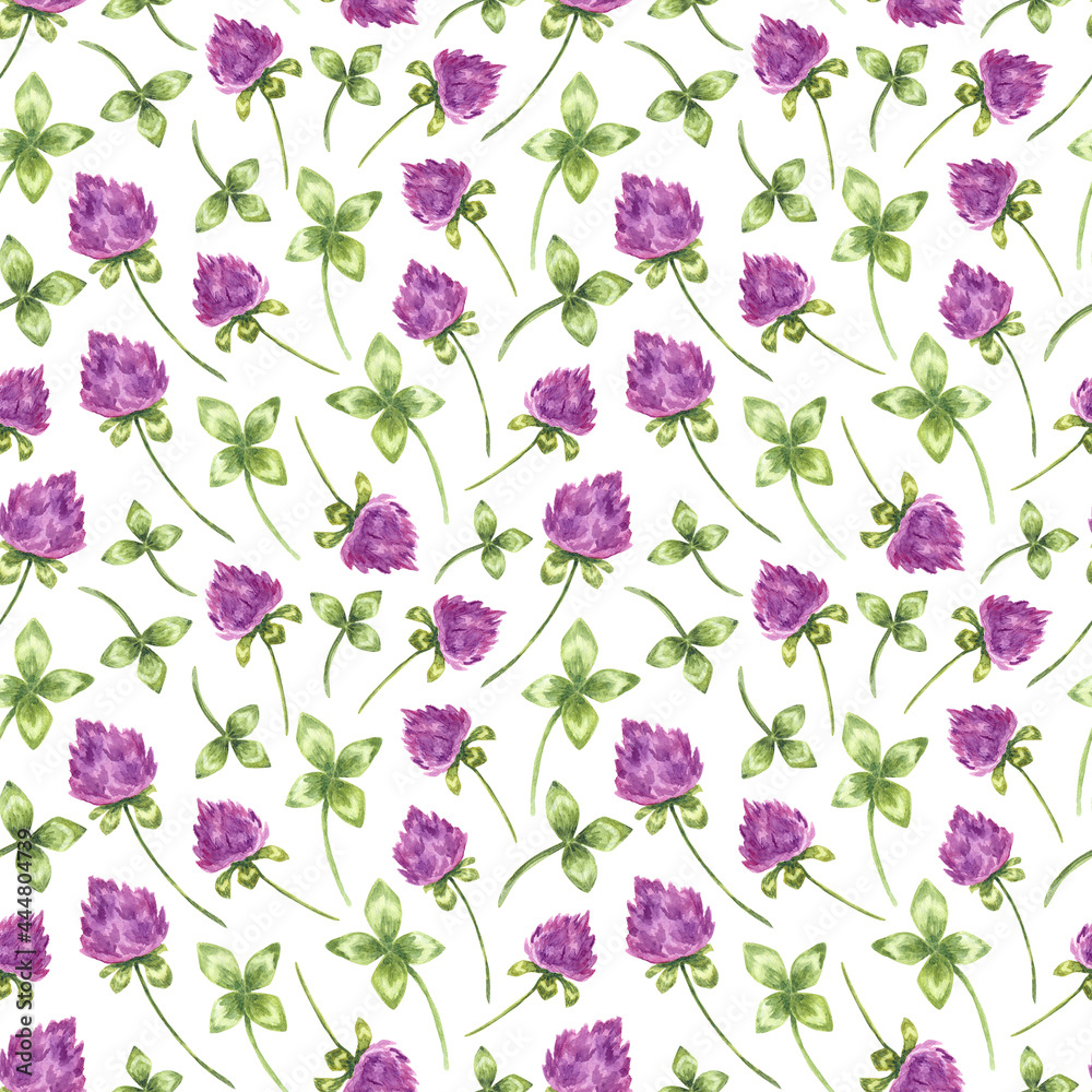 Watercolor background with clover. Seamless summer pattern. Lilac wild flowers with green leaves on a white background. Watercolor background with clover. Seamless summer pattern. Lilac wild flowers with green leaves on a white background.