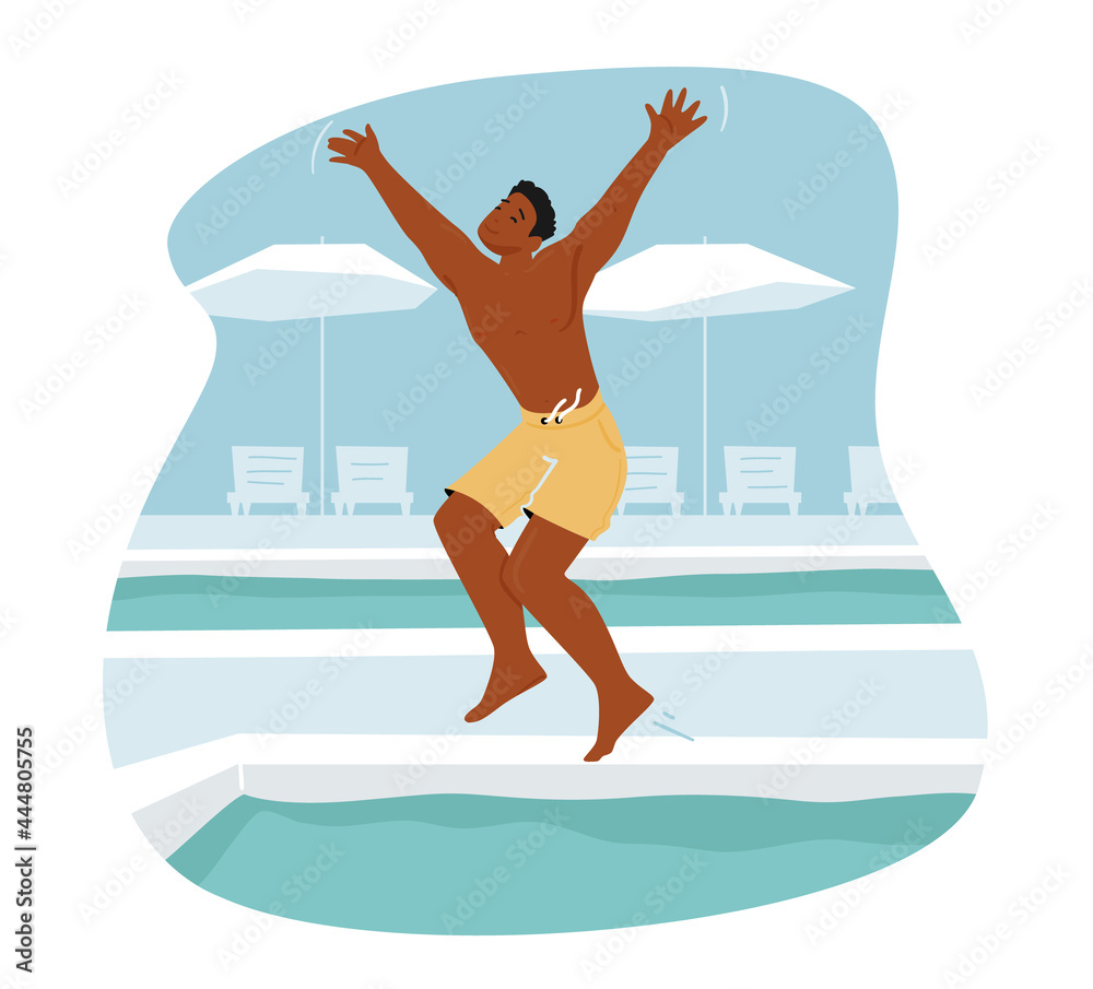 Young Man Relaxing at Poolside in Hotel or Yacht . Summertime Vacation, Happy Male Character Resting, Jumping to Water