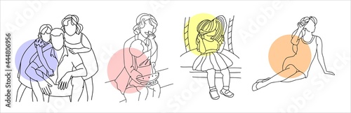 Family, mom with children, dad with children, a beautiful child. A set of illustrations in a linear style. Vector.