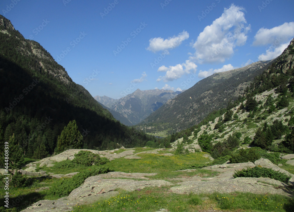 Landscape in the National Park of Aigüestortes and Lake Saint Mauricio from Saint Esperit viewpoint . Pyrenees Mountains. Spain.