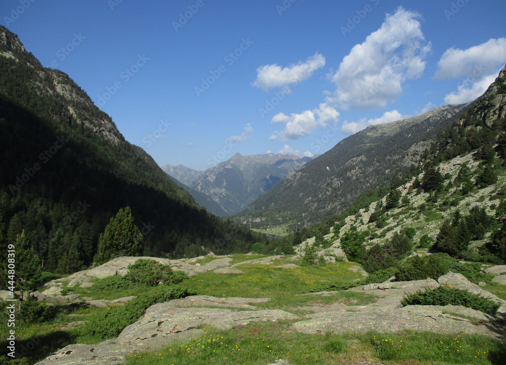 Landscape in the National Park of Aigüestortes and Lake Saint Mauricio from Saint Esperit viewpoint . Pyrenees Mountains. Spain. Landscape in the National Park of Aigüestortes and Lake Saint Mauricio from Saint Esperit viewpoint . Pyrenees Mountains. Spain.