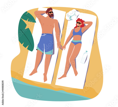 Man and Woman Tanning on Beach Lying on Mat with Sunscreen Protection Cream. Loving Couple Characters on Vacation