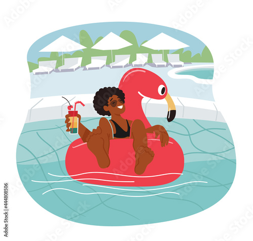 Female Character Relax at Poolside Floating on Inflatable Ring in Swimming Pool and Drink Cocktail. Summertime Leisure