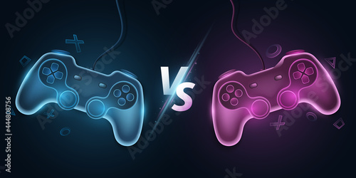 Versus template with modern gamepads. VS screen for sport video games, match, tournament, e-sports competitions. Joystick for console. Game concept design. Vector illustration