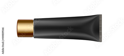 3d illustration of metallic black tube. Ointment or salve. Lotion, scrub or cream tube. Toothpaste. Vector mockup. Gold cap. Cosmetic mask	