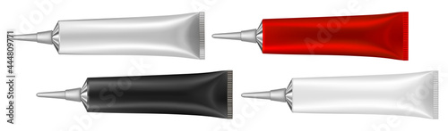 Set of 4 tubes with long nozzle and silver cap. Red, white, black. Cosmetic packaging. Serum or ointment. Gel or cream. Vector illustration isolated on a white background. 3d. Toothpaste