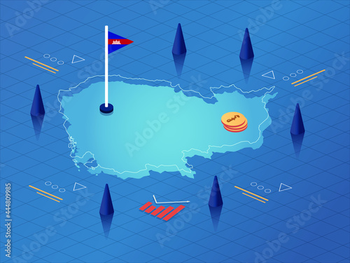 Cambodia Map, Flag and Currency Modern Isometric Business and Economy Vector Illustration Design