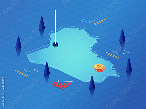Iraq Map, Flag and Currency Modern Isometric Business and Economy Vector Illustration Design