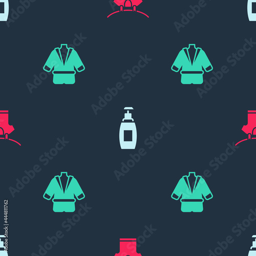 Set Drying clothes, Bottle of liquid soap and Bathrobe on seamless pattern. Vector