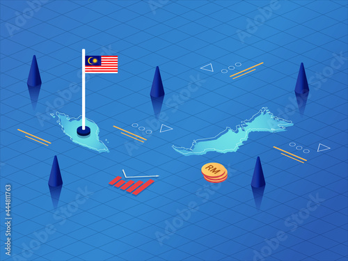 Malaysia Map, Flag and Currency Modern Isometric Business and Economy Vector Illustration Design