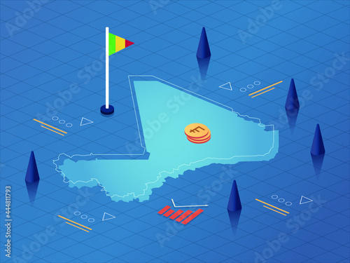 Mali Map, Flag and Currency Modern Isometric Business and Economy Vector Illustration Design