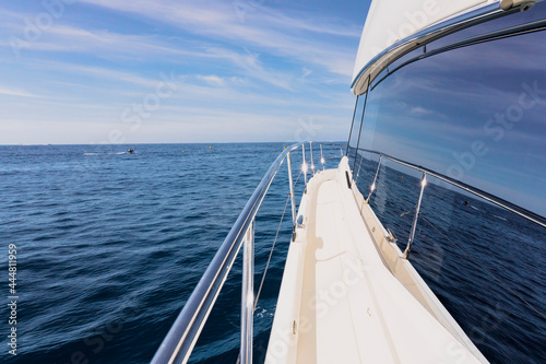 Luxury motor yacht in the azure Mediterranean sea at full speed.Expensive yacht.