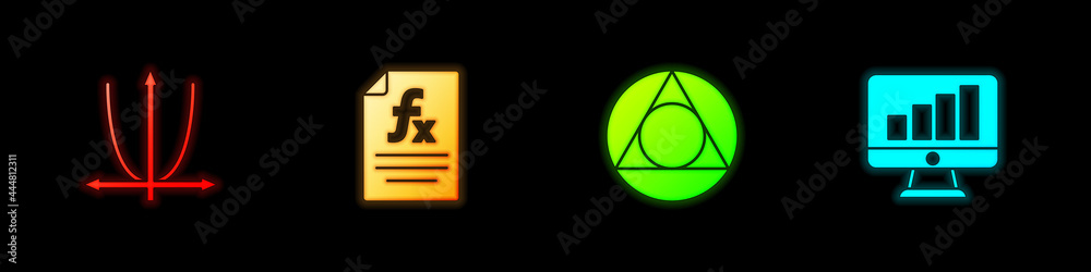 Set Graph, schedule, chart, diagram, Function mathematical symbol, Triangle and Computer monitor with graph icon. Vector Set Graph, schedule, chart, diagram, Function mathematical symbol, Triangle and Computer monitor with graph icon. Vector