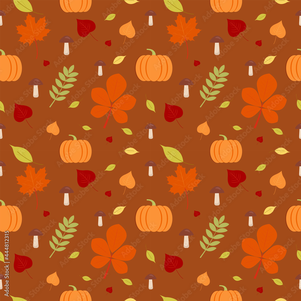 Brown autumn pattern with pumpkins, mushrooms and leaves. Autumn background. Seamless pattern. Vector graphics