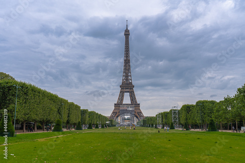 Paris, France - 25 06 2020: Champ-de-Mars: View of Eiffel Tower from the Champ-de-Mars