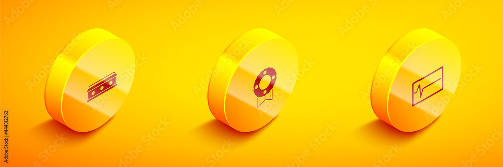 Set Isometric Coffin with cross, Memorial wreath and Beat dead monitor icon. Vector Set Isometric Coffin with cross, Memorial wreath and Beat dead monitor icon. Vector