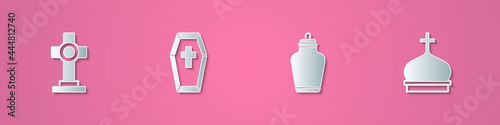 Set paper cut Grave with cross, Coffin, Funeral urn and Church tower icon. Paper art style. Vector