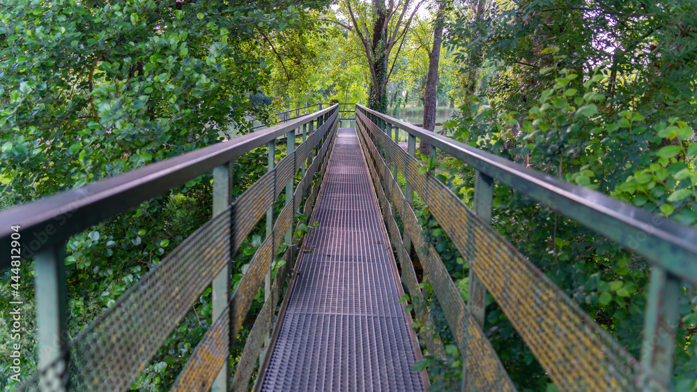 Metal footbridge crossing the river among the trees, close-up