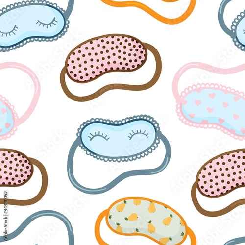 Sleeping mask vector seamless pattern. Sleeping night eye accessory blindfold relax in traveling illustration. Nighty sleepy face protection asleep flat cartoon design for poster, cards, textile