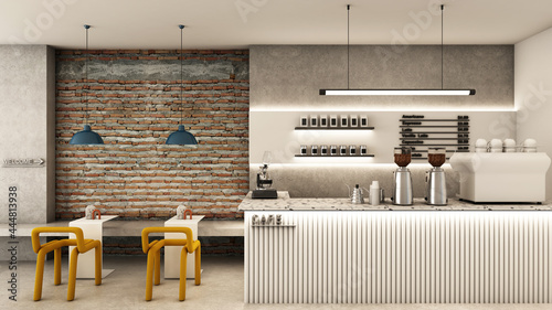 Cafe shop design Minimalist 
 Loft,Counter,Shelf on white wall,Waiting area white table yellow chair,Concrete floors -3D render