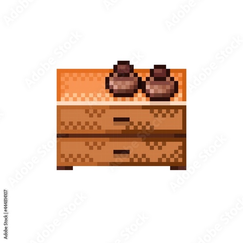 Wardrobe pixel art. Cabinet pixel art. Vector illustration. Wardrobe and earthen jar. Icon wardrobe. Wooden cabinet pixel art.