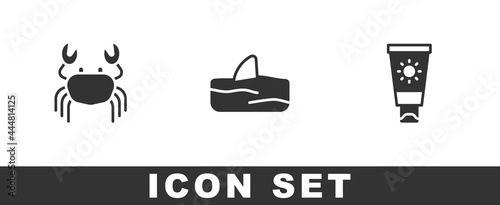 Set Crab, Shark fin in ocean wave and Sunscreen cream tube icon. Vector