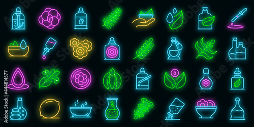 Essential oils icons set. Outline set of essential oils vector icons neon color on black