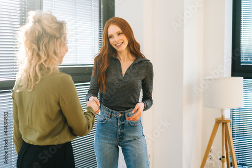 Back view of cheerful professional female manager handshaking of client or customer making business deal at office meeting room by window. Young business woman greeting colleague before meeting.