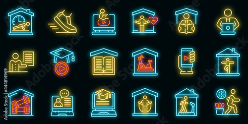 Home training icons set. Outline set of home training vector icons neon color on black