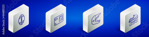 Set Isometric line Rugby ball, Action extreme camera, Motocross motorcycle helmet and Jet ski icon. Vector