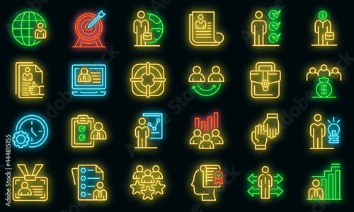 Outsource icons set. Outline set of outsource vector icons neon color on black